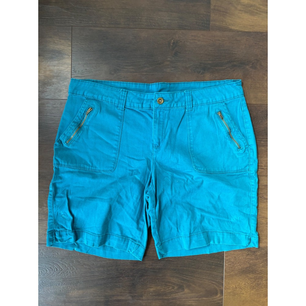 Faded Glory Womens Teal Blue Zipper Detail Stretch Cotton Shorts Size14 Odes Sea